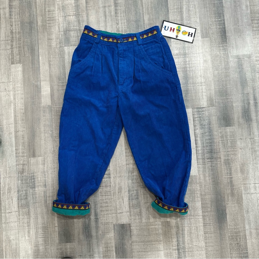 VTG 90s Uh Oh! Corduroy bright blue pants with Aztec trim